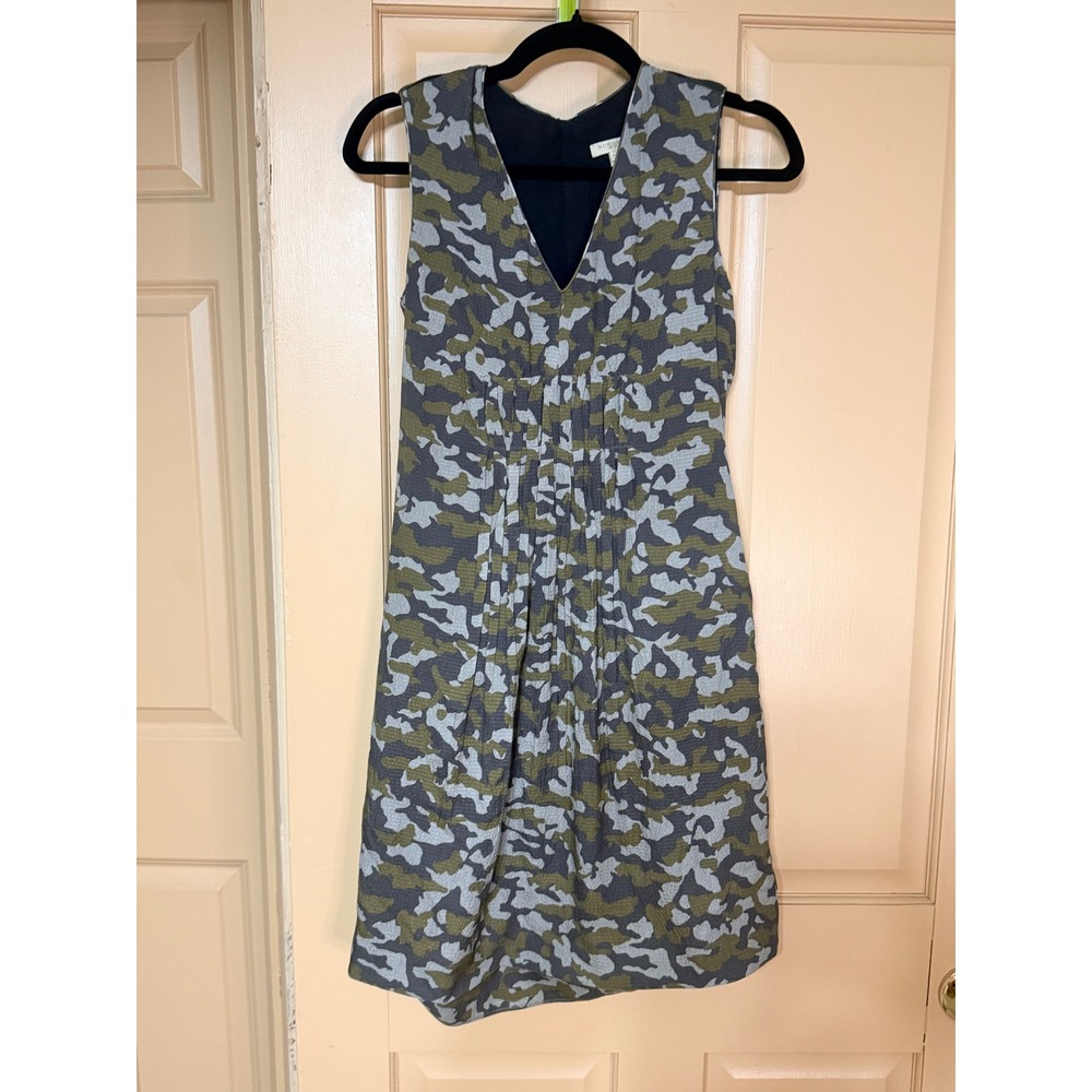 Burberry Brit Silk Camouflage V-Neck Pleated Sleeveless Dress Green Grey Size 2